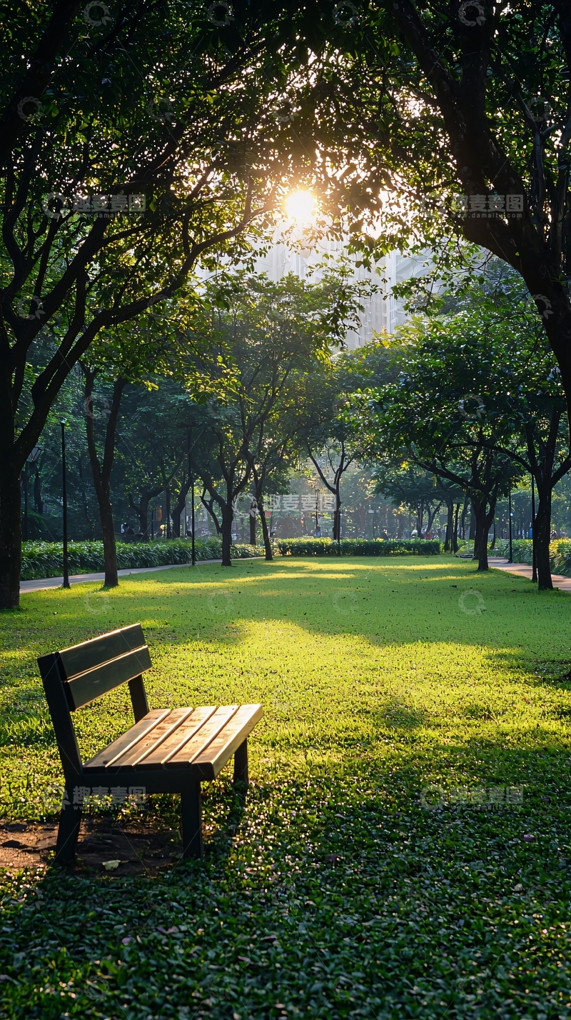 高清大图下载【趣麦麦图】公园长椅清晨阳光