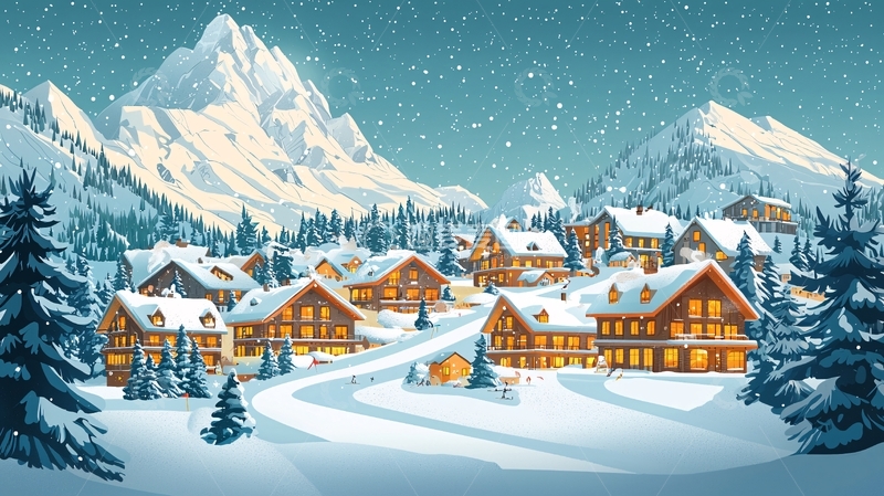 高清大图下载【趣麦麦图】雪山下的温暖村庄