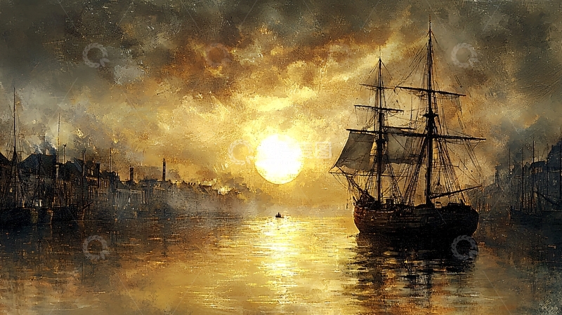 高清大图下载【趣麦麦图】-日落港口帆船风景画