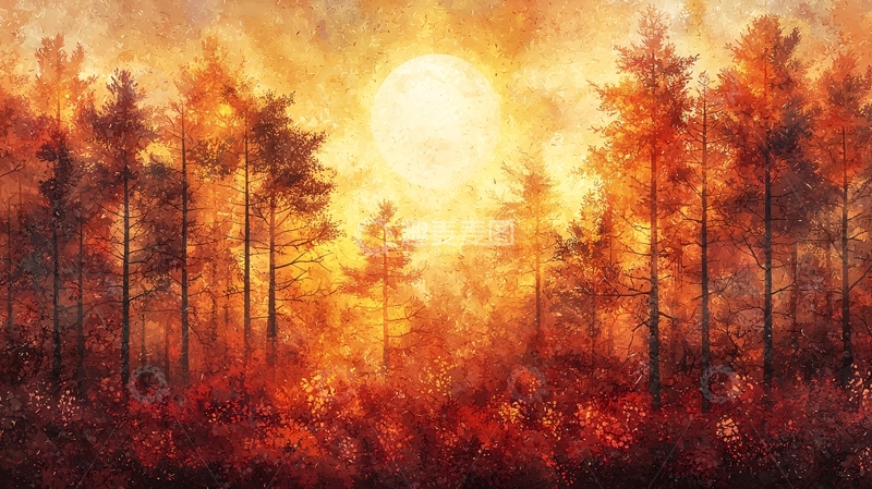 高清大图下载【趣麦麦图】秋日森林日落