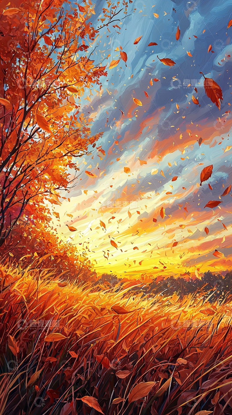 高清大图下载【趣麦麦图】秋日落叶飞舞的田野