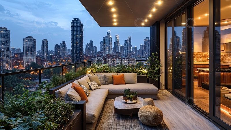 高清大图下载【趣麦麦图】城市天际线阳台休憩区