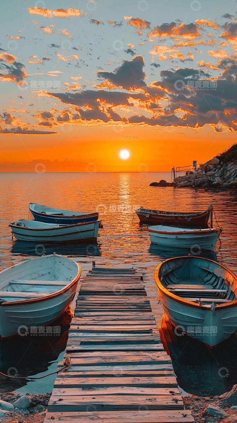 高清大图下载【趣麦麦图】海边日落小船码头