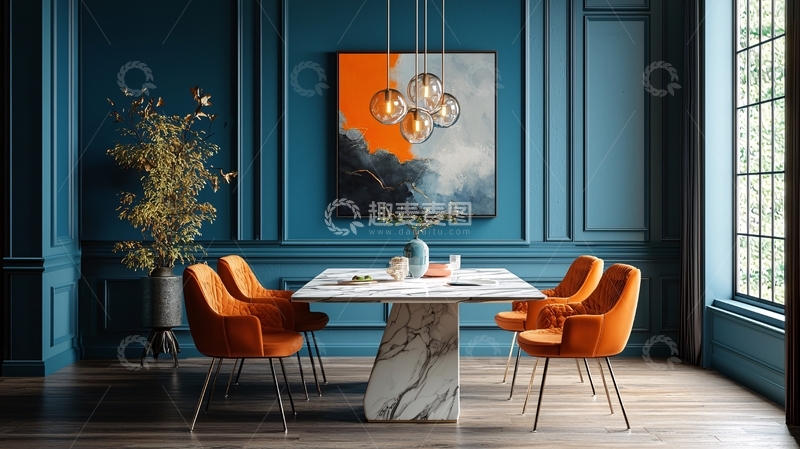 高清大图下载【趣麦麦图】蓝色墙面橙色椅子