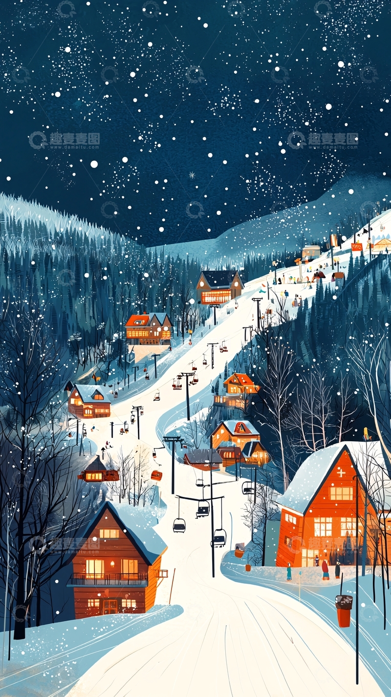 高清大图下载【趣麦麦图】冬夜雪山小镇