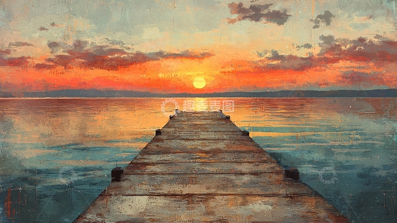 高清大图下载【趣麦麦图】日落木栈道湖面风景画