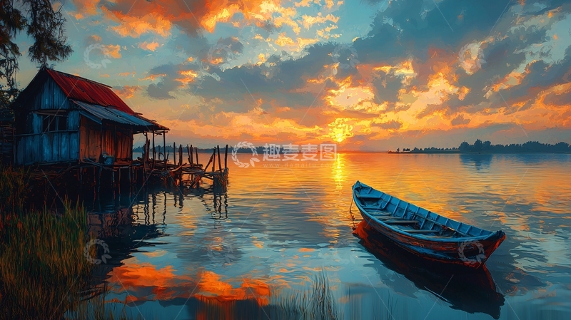 高清大图下载【趣麦麦图】湖边小屋日落美景