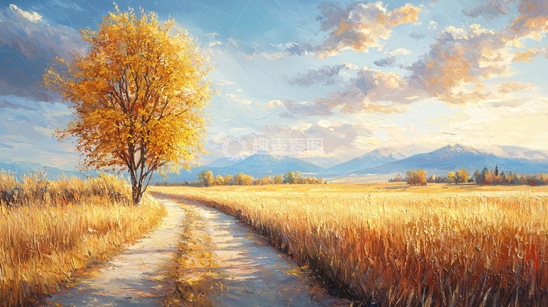 高清大图下载【趣麦麦图】秋日田野小路金黄树木