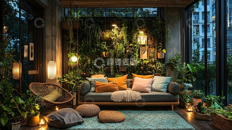 高清大图下载【趣麦麦图】绿植环绕的阳台休闲区