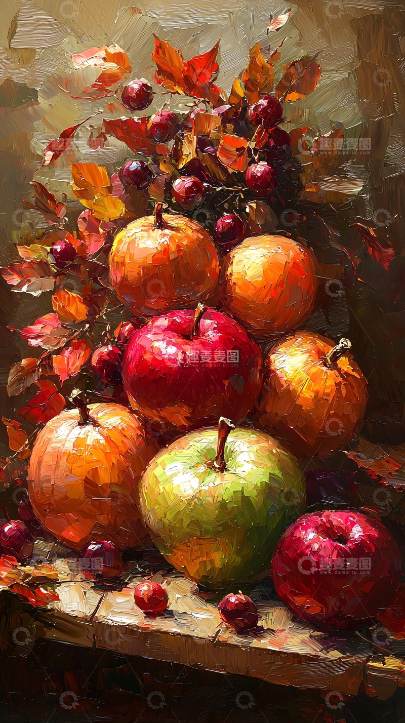 高清大图下载【趣麦麦图】静物油画苹果秋季
