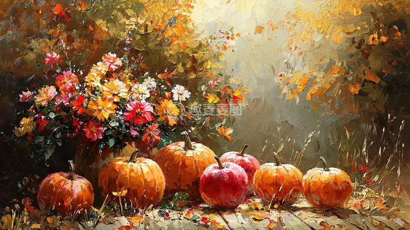 高清大图下载【趣麦麦图】秋日南瓜花卉静物油画