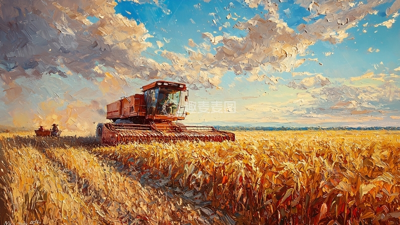 高清大图下载【趣麦麦图】收割机在金黄麦田作业