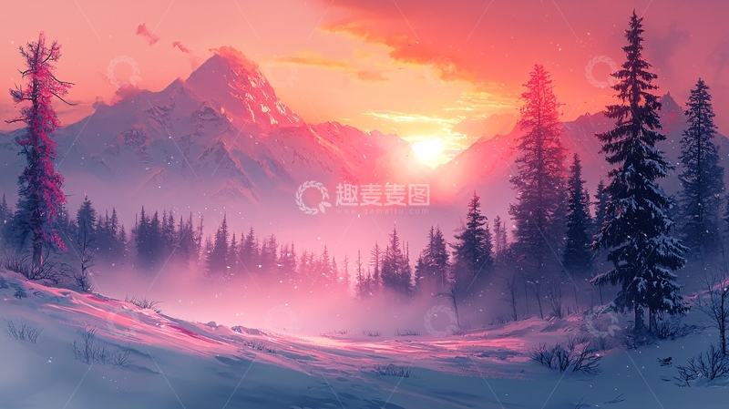 高清大图下载【趣麦麦图】粉红色日出雪山森林