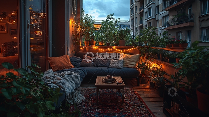 高清大图下载【趣麦麦图】夜晚阳台休闲区