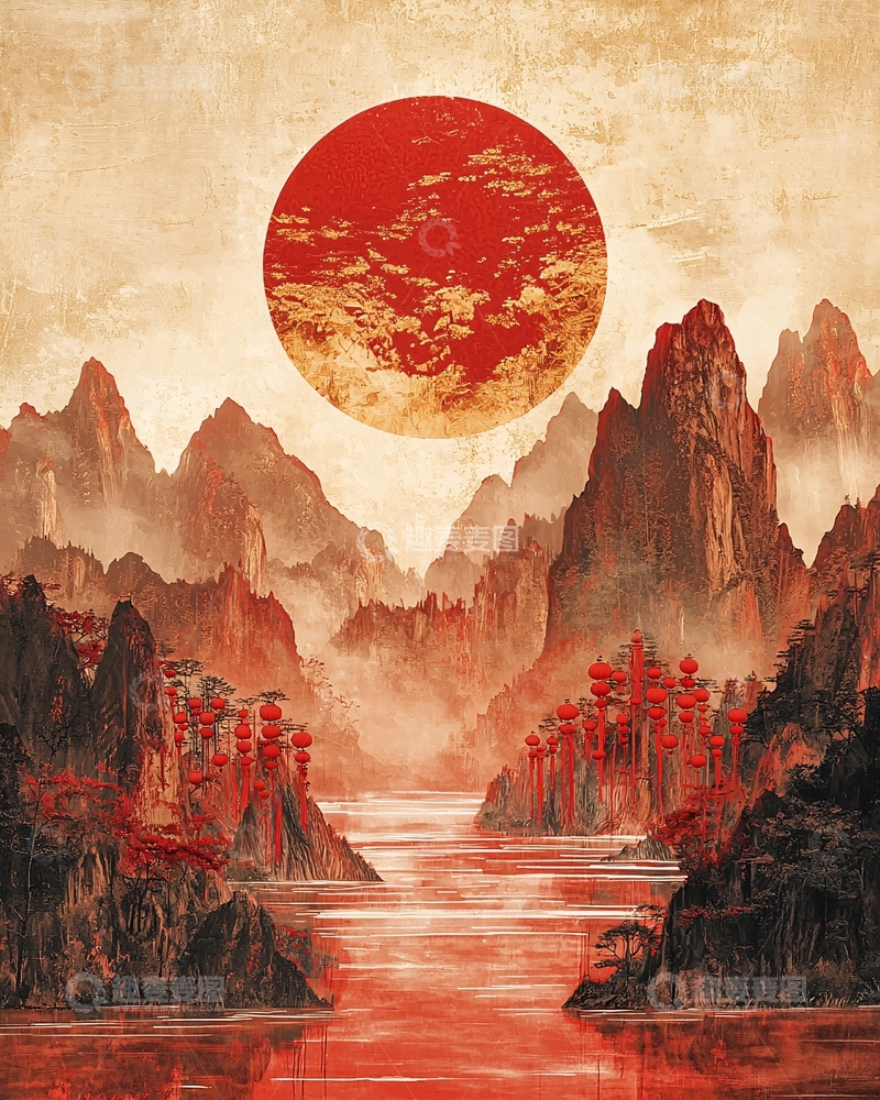 高清大图下载【趣麦麦图】红日山河图