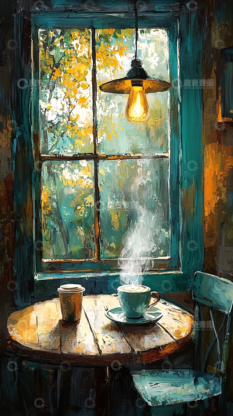 高清大图下载【趣麦麦图】窗边咖啡馆温暖意境图