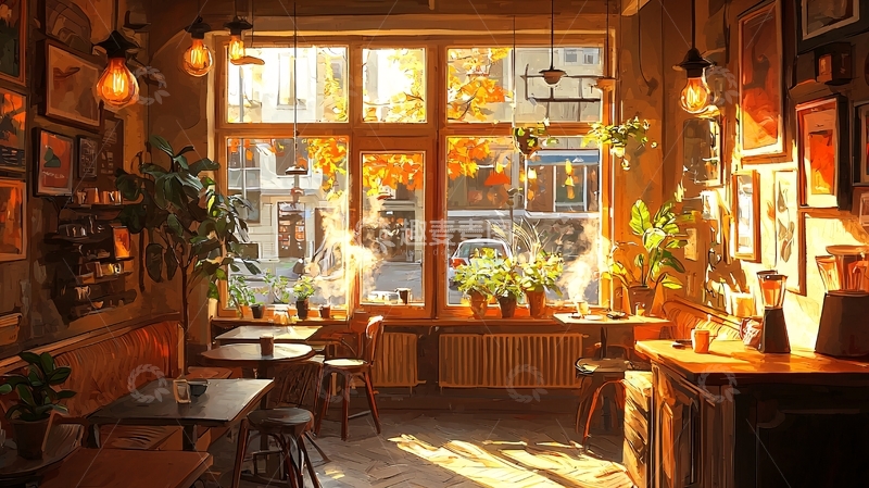 高清大图下载【趣麦麦图】阳光洒落的秋日咖啡馆