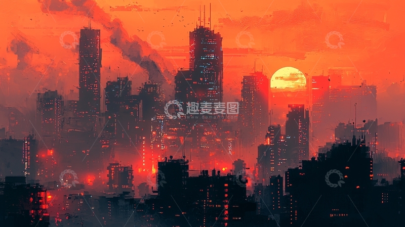 高清大图下载【趣麦麦图】末日废墟城市日落