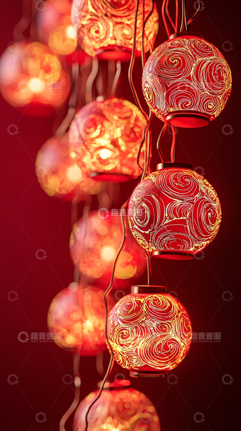 高清大图下载【趣麦麦图】红色花纹灯串