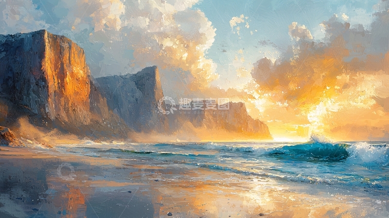 高清大图下载【趣麦麦图】壮丽海崖日落海滩