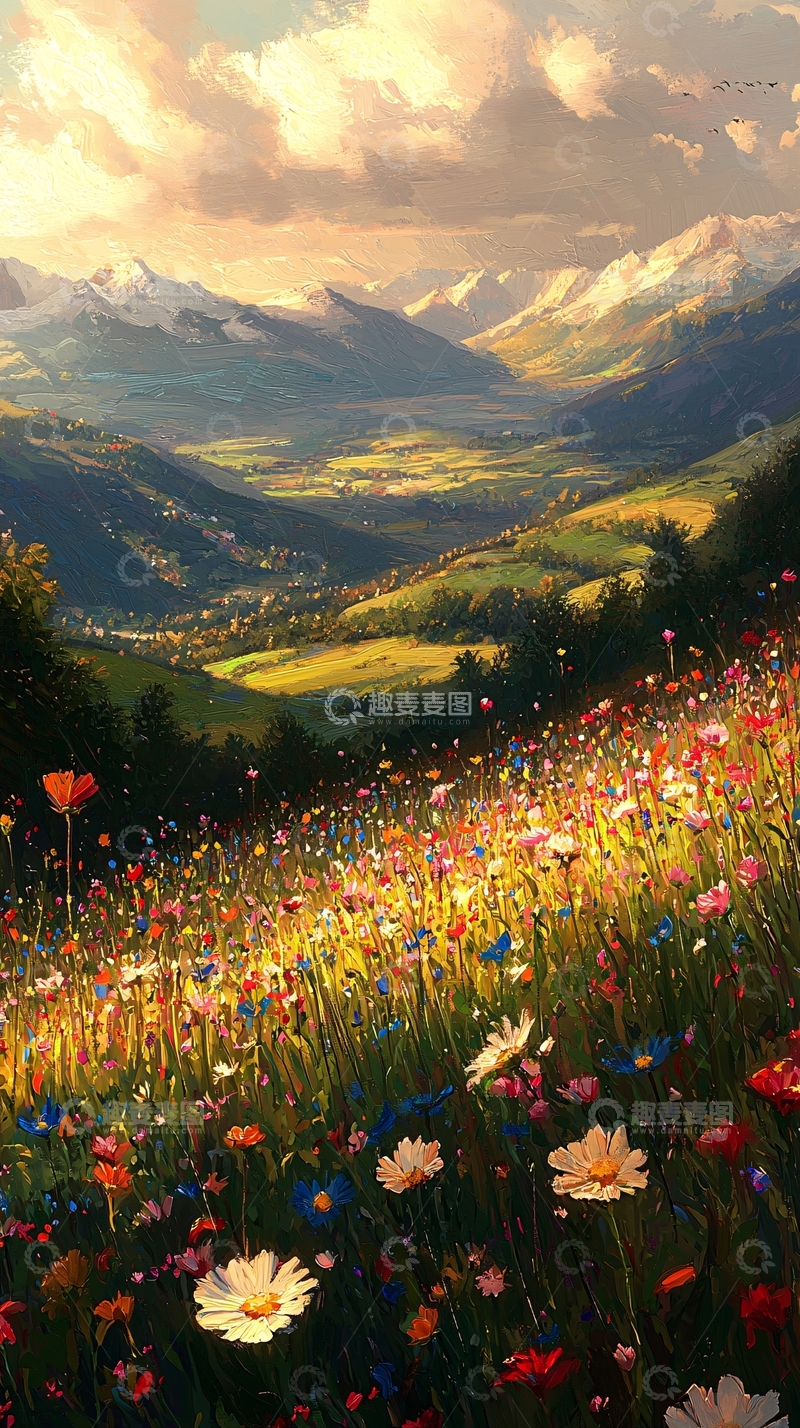 高清大图下载【趣麦麦图】山谷花海日落美景