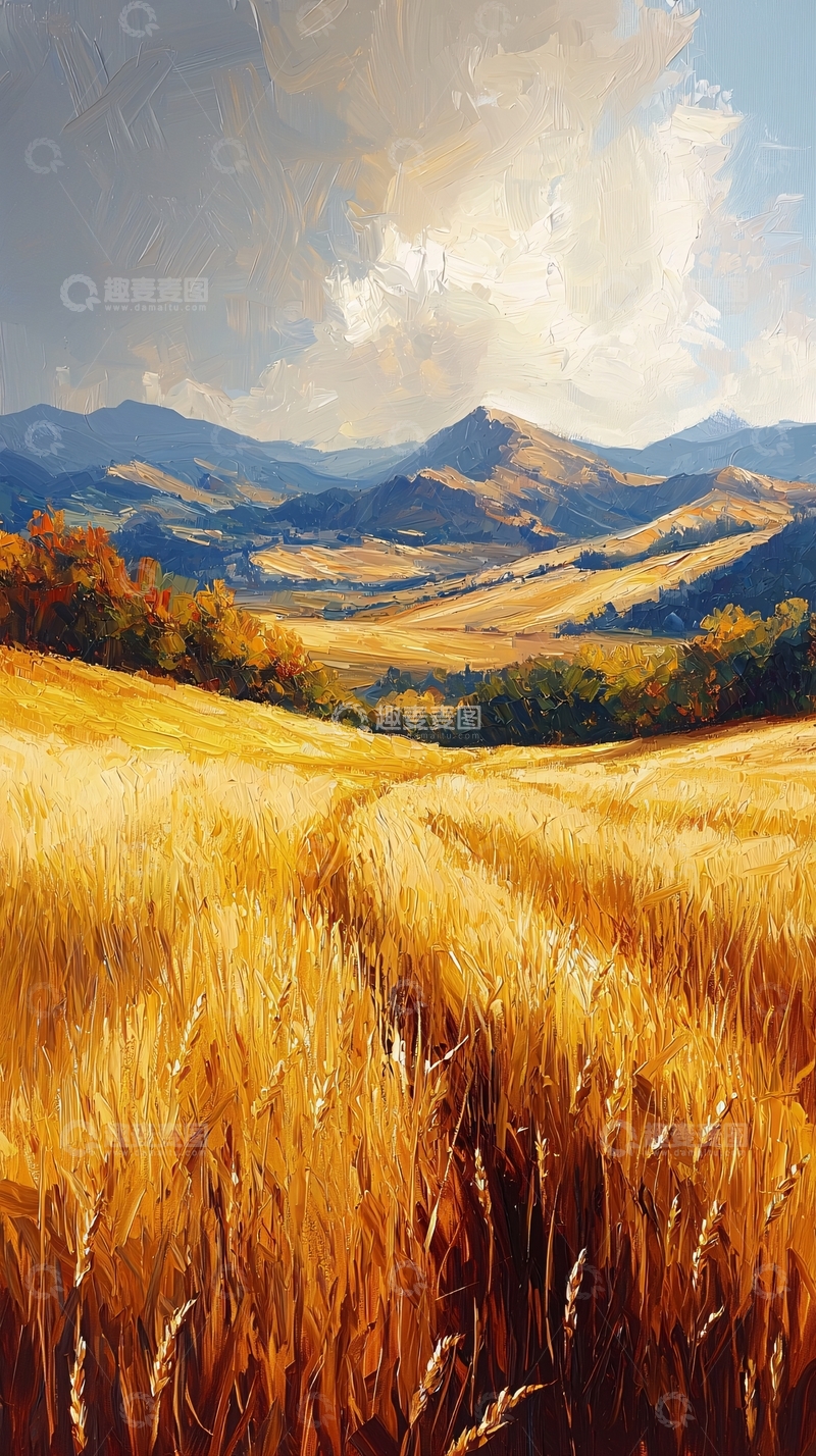 高清大图下载【趣麦麦图】金色麦田山峦风景画
