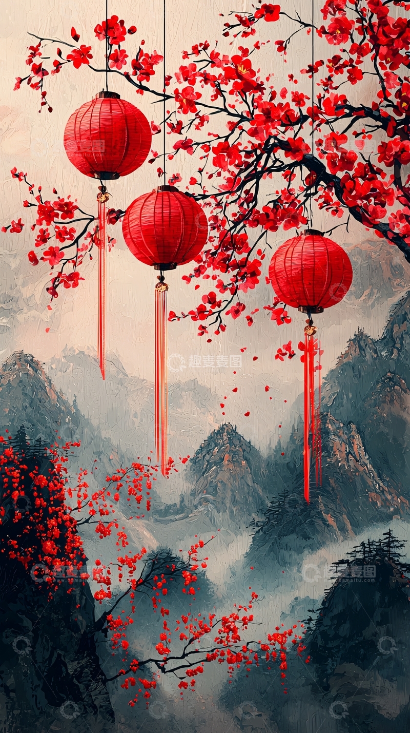 高清大图下载【趣麦麦图】红灯笼樱花山景图