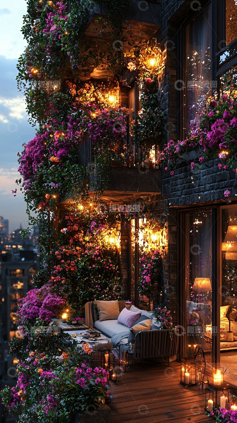 高清大图下载【趣麦麦图】夜晚阳台花园