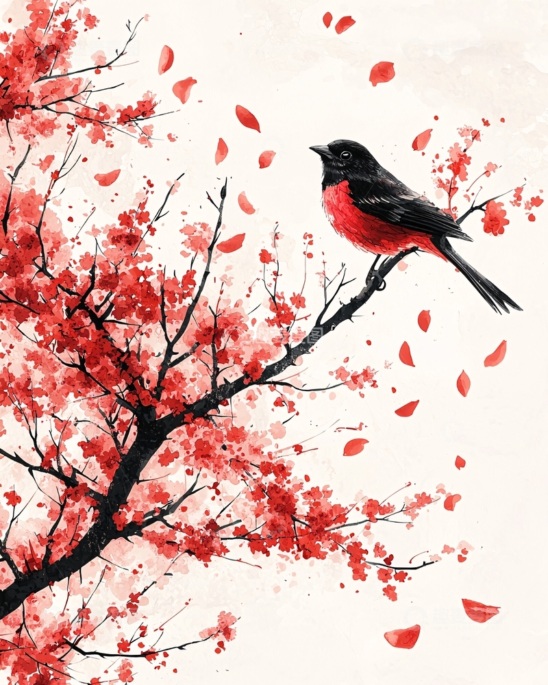 高清大图下载【趣麦麦图】红腹黑鸟樱花树