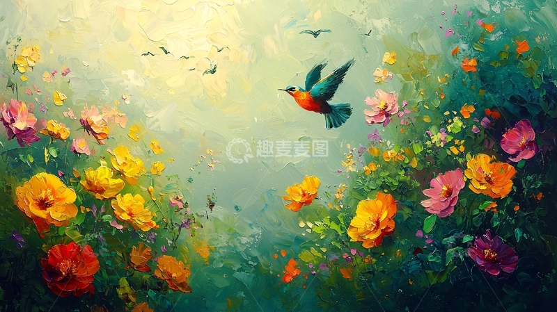 高清大图下载【趣麦麦图】飞鸟鲜花油画风景