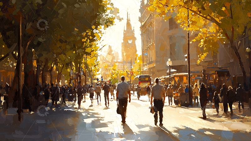 高清大图下载【趣麦麦图】阳光洒满街道人群