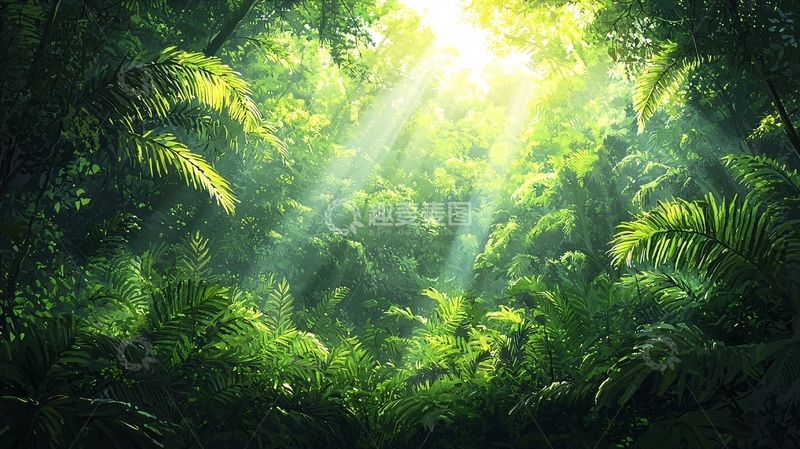 高清大图下载【趣麦麦图】阳光透过树叶照进茂密的丛林