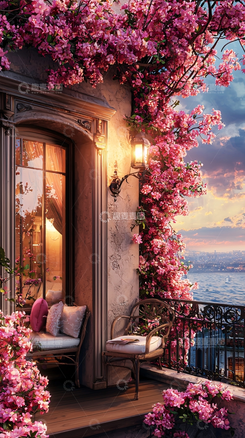 高清大图下载【趣麦麦图】粉色花朵阳台夜景