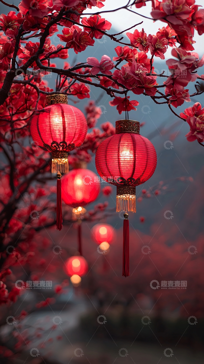 高清大图下载【趣麦麦图】红灯笼花树夜景