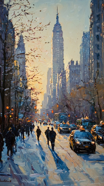 纽约冬季街道风景画