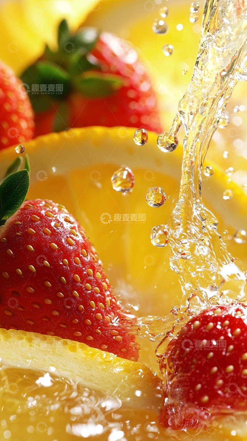 高清大图下载【趣麦麦图】新鲜草莓柠檬汁水飞溅
