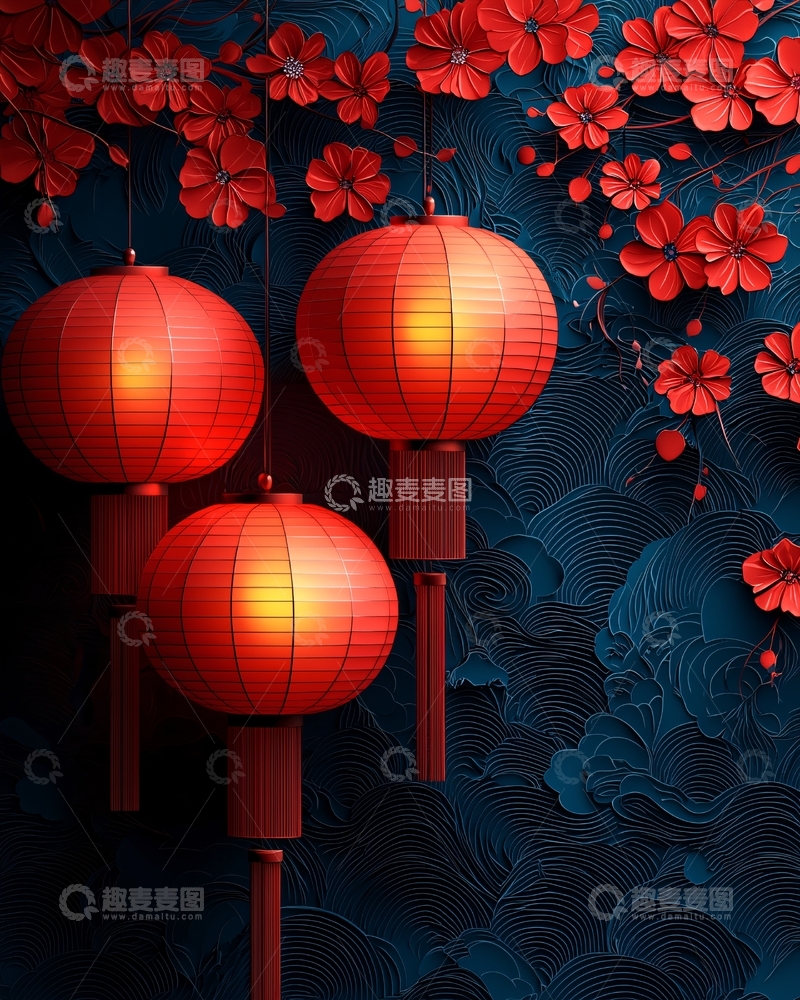 高清大图下载【趣麦麦图】红色灯笼与梅花装饰