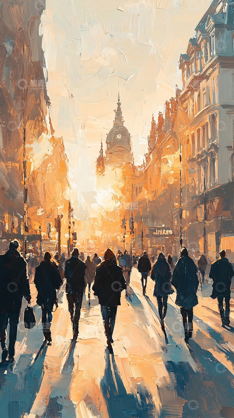 高清大图下载【趣麦麦图】夕阳下的城市街道人群