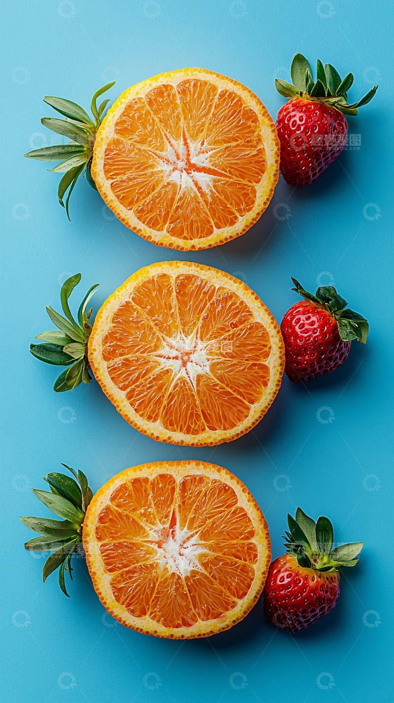 高清大图下载【趣麦麦图】蓝底橙子草莓组合