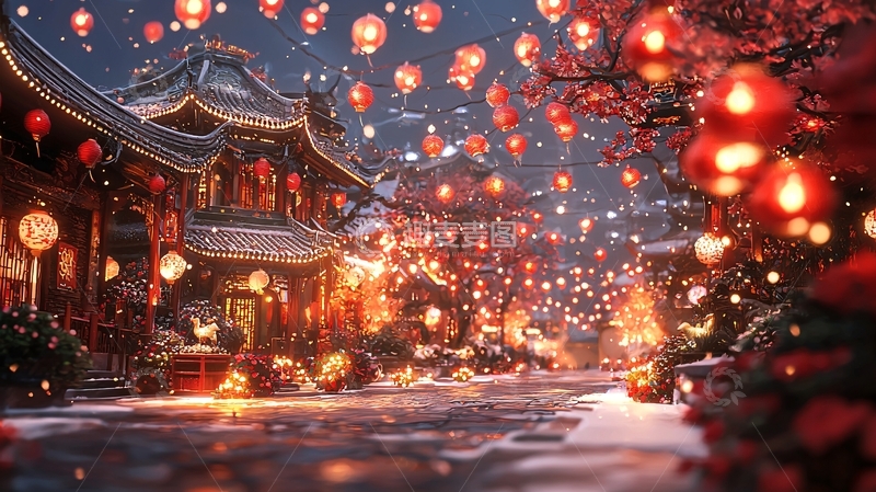 高清大图下载【趣麦麦图】下雪的中国古镇夜景