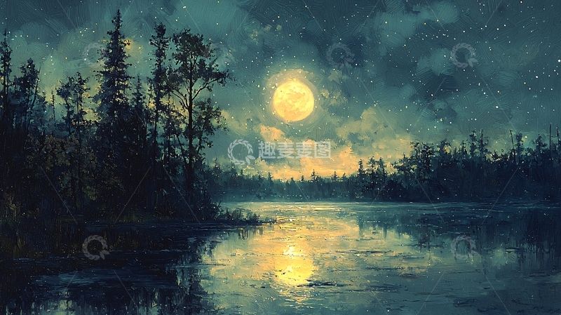 高清大图下载【趣麦麦图】月光下的森林湖泊