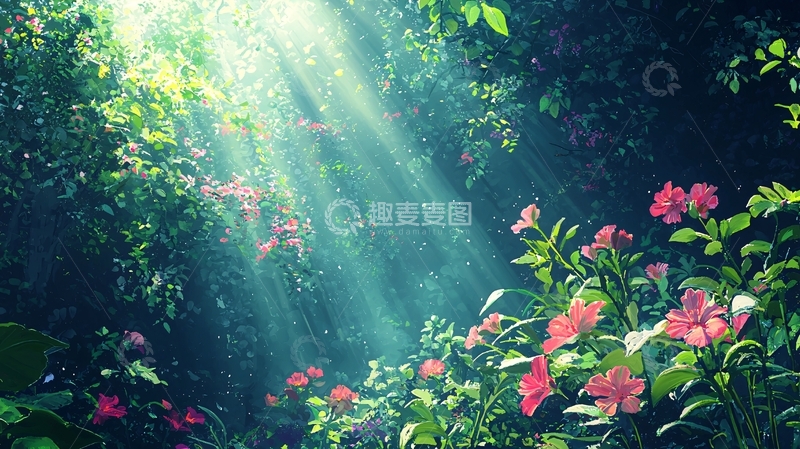高清大图下载【趣麦麦图】阳光透过树林花海