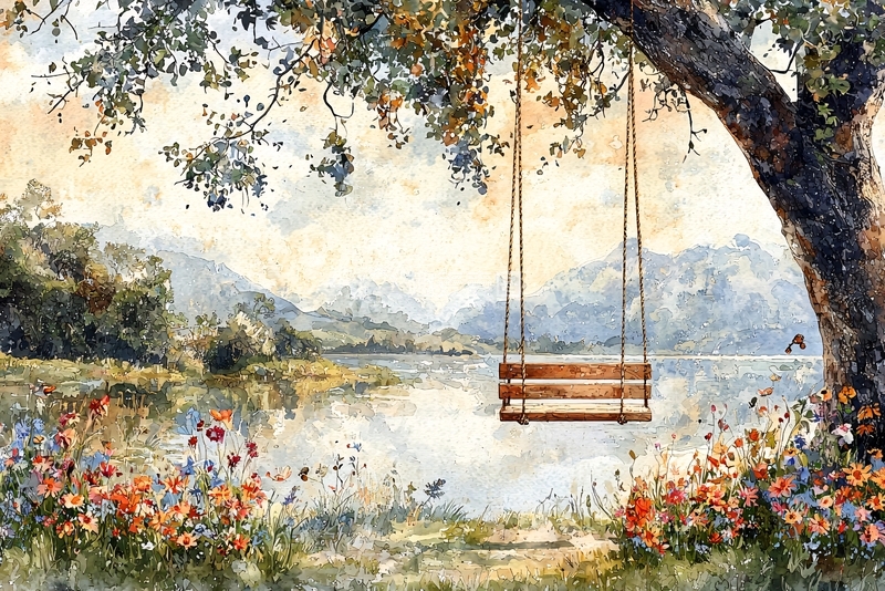 高清大图下载【趣麦麦图】树下秋千湖边风景