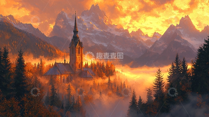 高清大图下载【趣麦麦图】山峦夕阳下的哥特式城堡