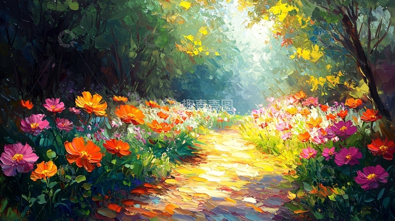 高清大图下载【趣麦麦图】森林小路鲜花盛开