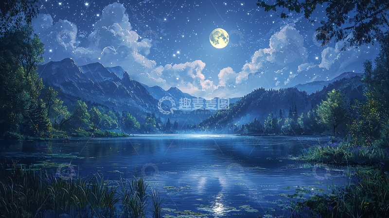 高清大图下载【趣麦麦图】月夜湖边山峦景色