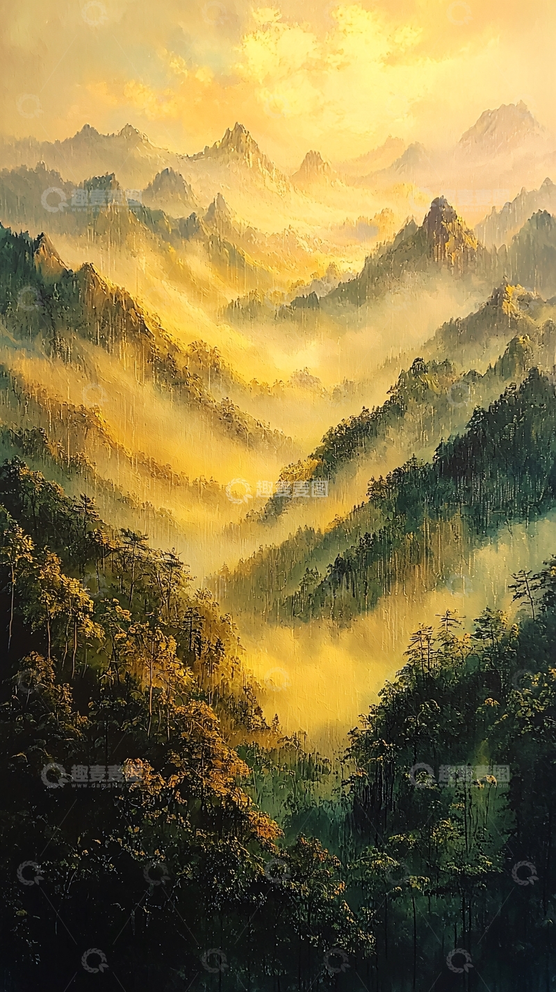 高清大图下载【趣麦麦图】金色山峦晨雾图