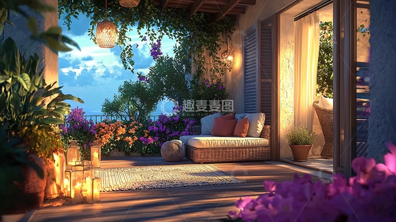 高清大图下载【趣麦麦图】夜晚阳台花园景色
