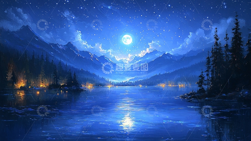 高清大图下载【趣麦麦图】梦幻星空山湖夜景