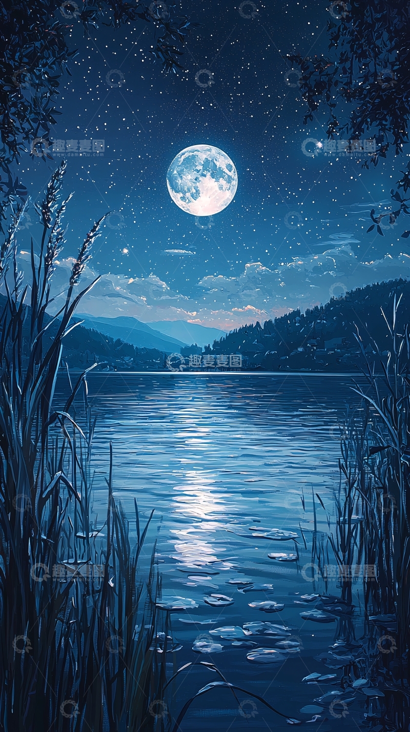 高清大图下载【趣麦麦图】月夜湖边静谧景色